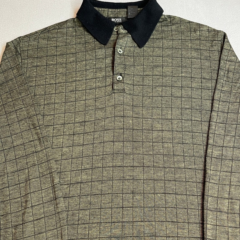 Hugo Boss Mens Long Sleeve Polo Shirt Olive Green Black Grid Windowpane XL